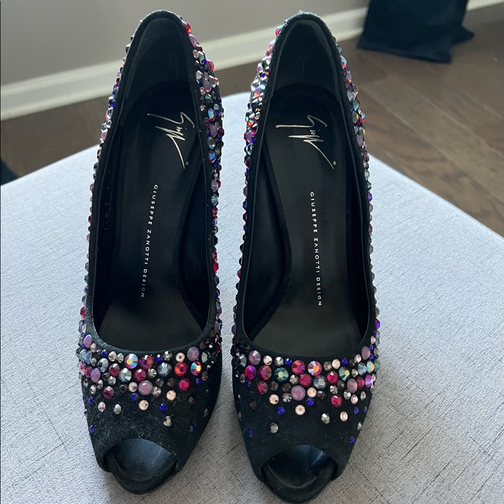 Jeweled black Suede open Toe pumps…. Very Good Condition! Perfect Party Shoe!